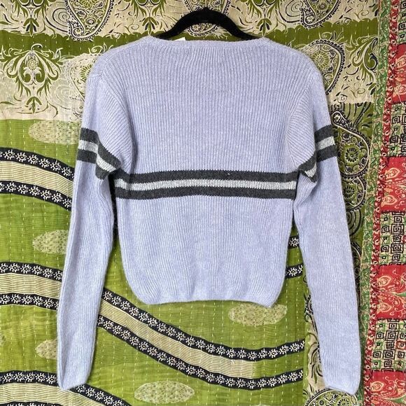 Vintage 90's Light Blue Spin Cropped Ramie Blend Stripped Sweater Size Medium - Picture 4 of 13